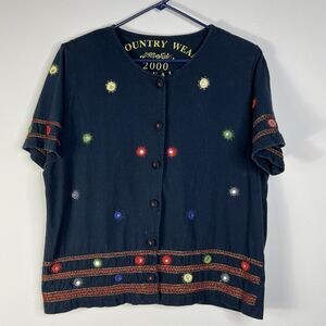 Country Wear 2000 Casuals Women Sz L Blue 100% Cotton Mirror Button-Up Shirt Art